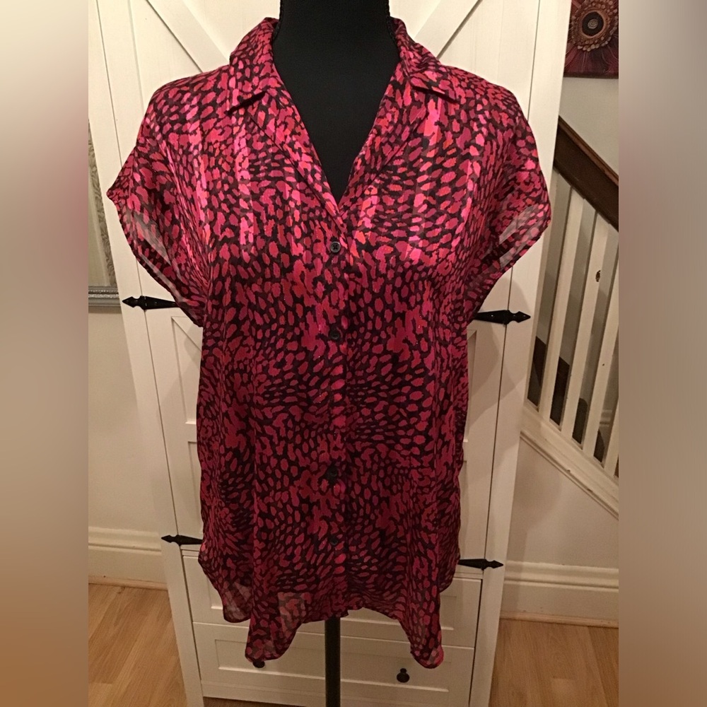 Nine West Pink and Black Puff Sleeve Blouse
